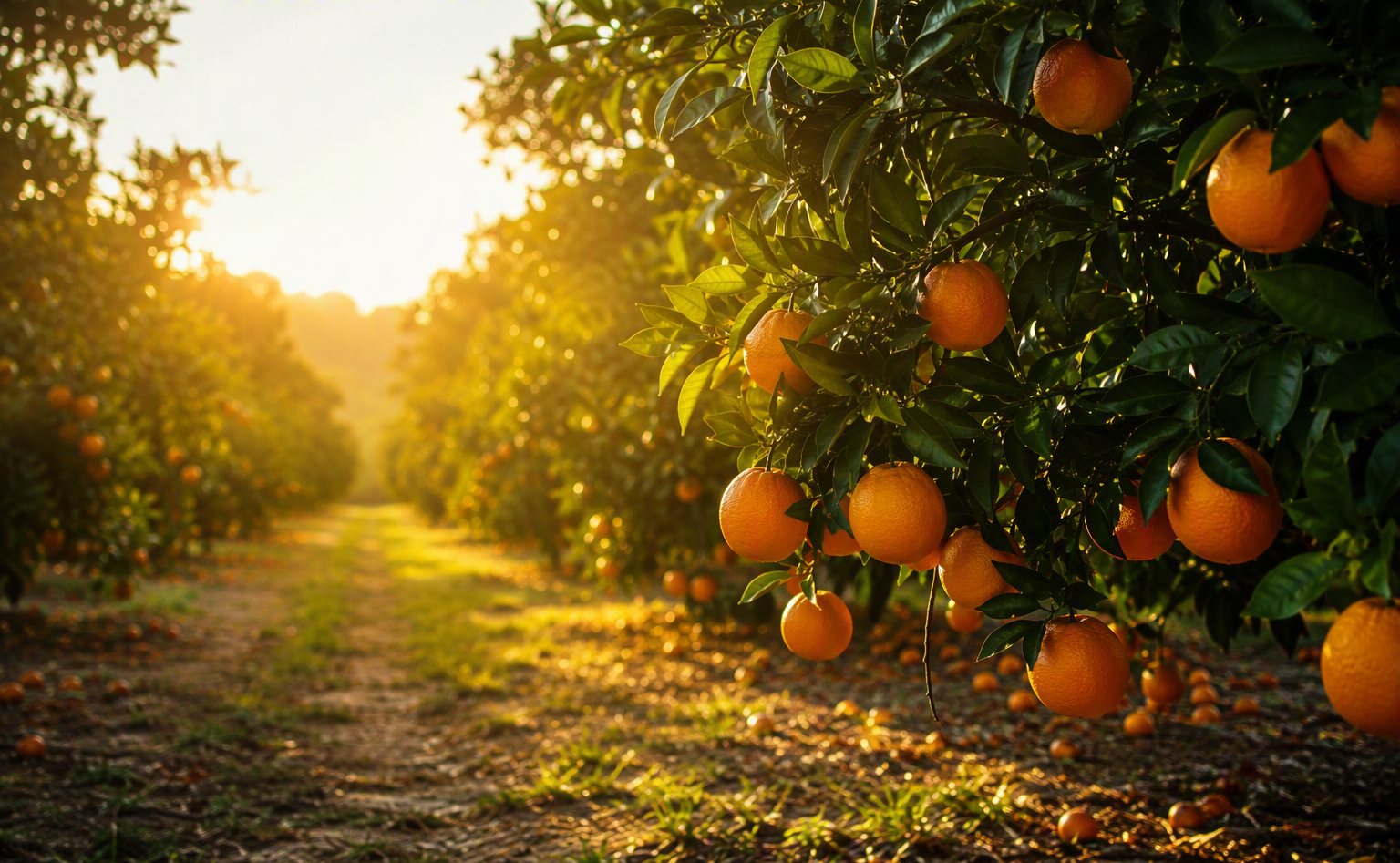 Sunlight filtering through rows of orange trees in a Florida citrus grove at golden hour