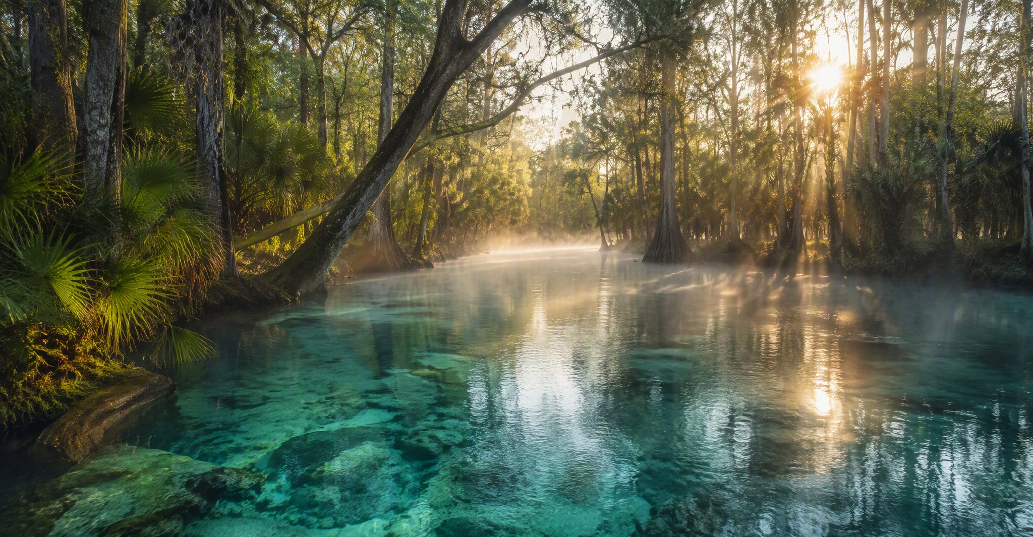 Morning mist rising over a clear teal Florida freshwater spring surrounded by cypress and palms