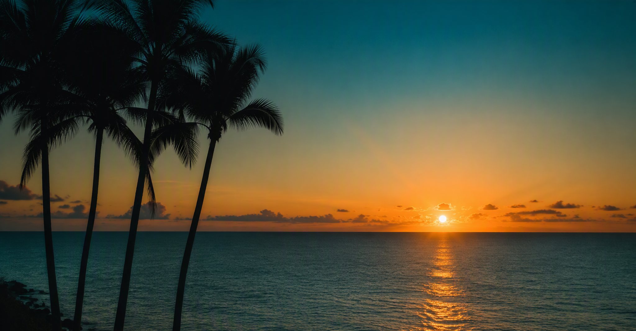 Sunrise over the Atlantic Ocean on the Florida coast, palm trees silhouetted against a golden sky