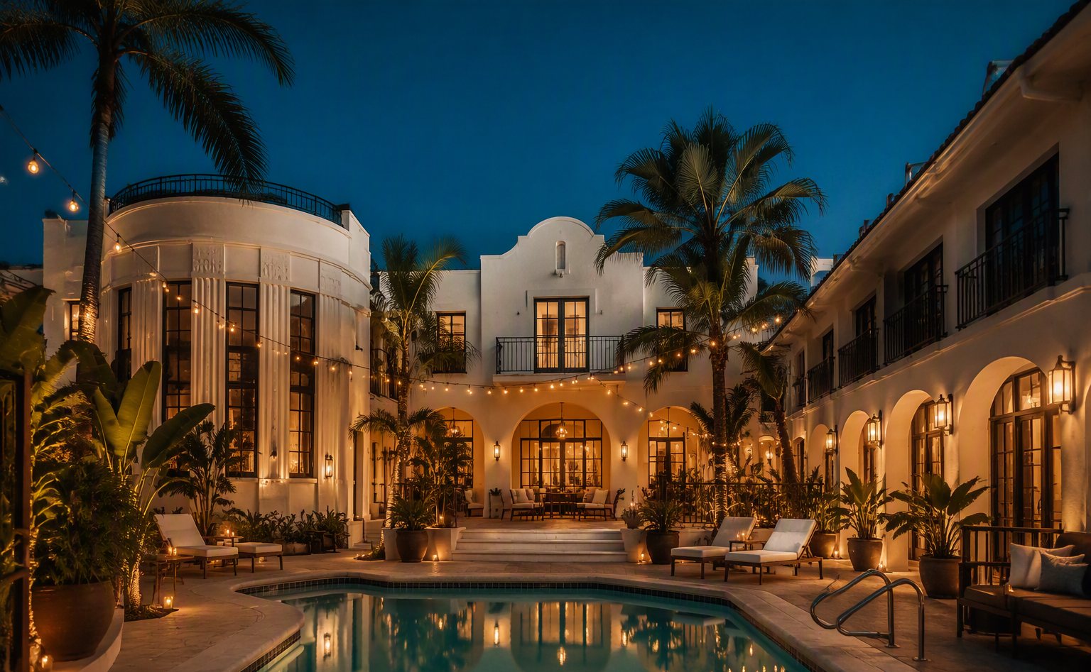 Boutique hotel courtyard with a small pool and palm trees at twilight